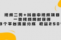 视频二剪+抖音中视频项目：一条视频获得3个平台流量分成 收益250%-冒泡网